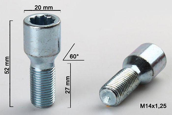 M14x1,25, Wielbout conisch inbus, Draadlengte 27mm, 20mm kopdiameter